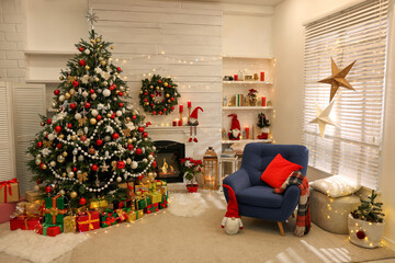 Canvas Print - Decorated Christmas tree with gift boxes and fireplace in stylish living room interior