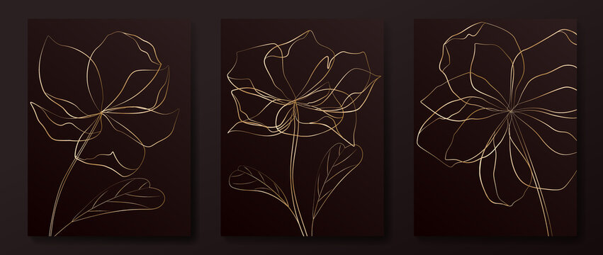 Luxury dark background with golden rose flowers in art line style. Botanical design for design decoration, decor, packaging, invitations, prints