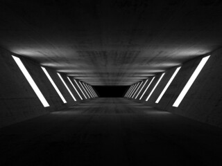 Empty dark concrete tunnel perspective with wall lights, 3d