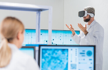 Wall Mural - genetic engineers are using virtual reality technology. professional team of scientists is working o