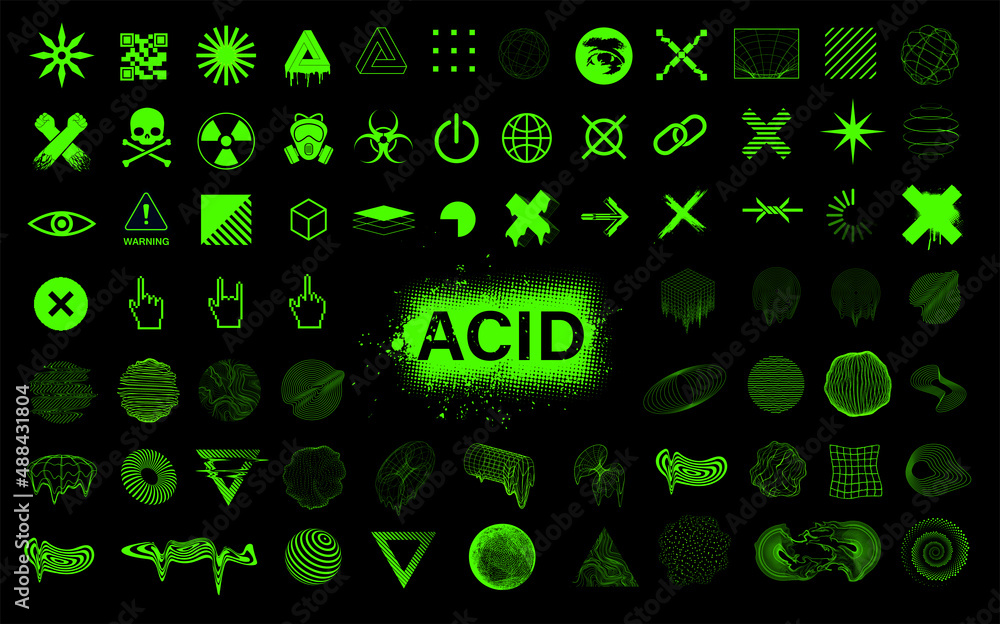 Brutalism acid icons and trendy abstract shapes. 3D street elements and ...