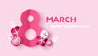 March 8 symbol in paper cut style with spring flowers. International Women's day pink background. Vector illustration. Place for text. Figure eight for greeting card, flyer or brochure template