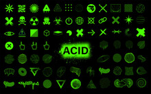 Brutalism Acid Icons And Trendy Abstract Shapes. 3D Street Elements And Vaporwave Style Shapes From 80s-90s. Trendy Acid Icons, Stickers And Symbols. Toxic Color, T-shirt, Apparel, Merch. Vector Set