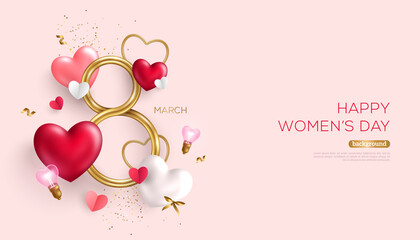 March 8 golden symbol with 3d red heart balloons. International Women's day pink background. Vector illustration. Place for text. Eight gold metal shape and light bulbs. Gift card voucher template
