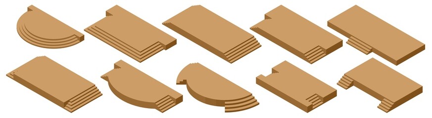 Isometric set of blank brown stage podium for award ceremony. Template of blank empty podium stage.