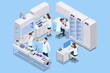 Isometric chemical laboratory concept. Laboratory assistants work in scientific medical chemical or biological lab setting experiments.