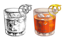 Negroni Cocktail With Ice Cube And Twist Slice Lemon. Vector Vintage Hatching