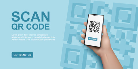 QR code scan service banner. Verification concept. 3d hand with smartphone scans QR code. Template design for website, landing page, ui, social media. Vector illustration