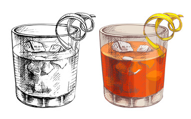 Negroni cocktail with ice cube and twist slice lemon. Vector vintage hatching