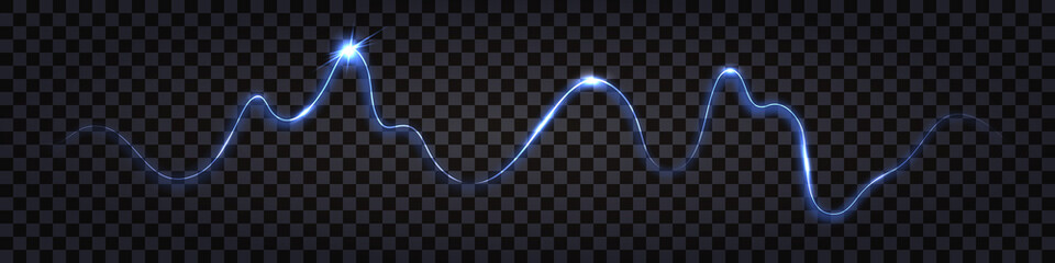 Blue electric discharge, lightning thunder bolt. Wavy swirl cable with glowing shock  light effect and flash explosion. Impulse signal. Techno design abstract vector illustration