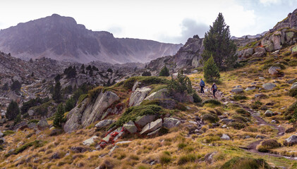 People hiking in the Pyrenees mountains, Andorra, Pessons