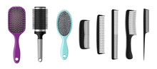 Hairbrushes And Combs Realistic Set. Isolated Hair Brushes, Barber And Hairdresser Tools