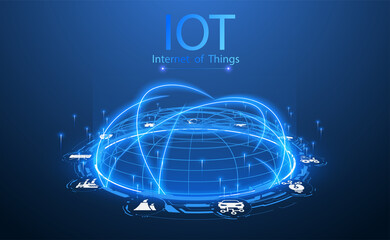 Fototapete - landing page IoT. Industry, Internet of Things devices and connectivity concepts on a network. Spider web of network connections with on a futuristic blue background. Vector illustration