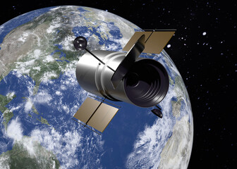 Wall Mural - space telescope hubble near the earth planet of solar system in outer space. 3d rendered illustratio