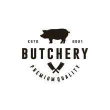 Pig, Pork. Vintage, Retro For Butchery, Typography Pork, Pig Silhouette Logo Design	