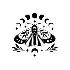 Wall Mural - Celestial butterfly vector illustration. Mystical moon moth with moon phases. Boho magic insect on white background. Template for modern poster, card, t shirt print, trendy tattoo.