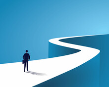 Business Journey, Businessman Walking On Long Winding Path Going To Success In The Future