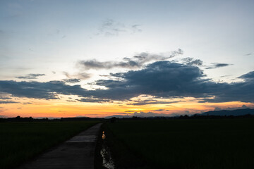 Wall Mural - colorful sunset and sunrise with clouds.blue and orange color of nature.many white clouds in the blu