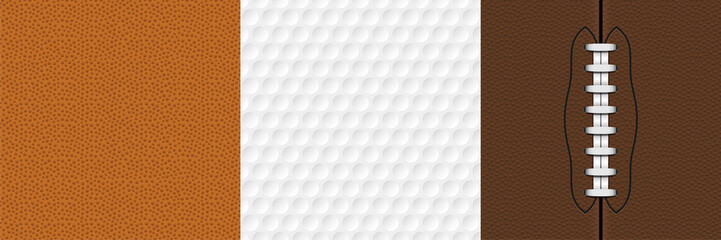 Textures of sport american football, golf and basket balls. Vector realistic set of seamless patterns of pigskin leather with laces and black lines. White background with round dimples