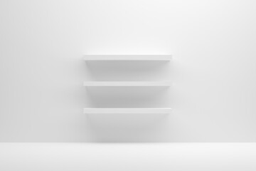 Front view of empty white shelves mounted on a white wall. Backdrop shelf for product display.