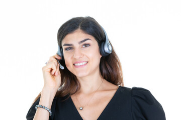 Wall Mural - young woman in call center smiling cheerful support phone operator portrait happy in phone headset business office