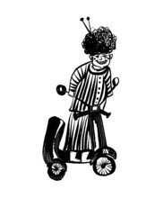 Drawing Picture Of A Cheerful Grandmother With A Magnificent Hairstyle Rides A Moped, Isolate On A White Background, Sketch, Hand Drawn Vector Comic Illustration