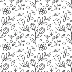 Floral cute vector beautiful line art seamless pattern with flowers, tulips, leaves, berries, branches. 8 march and valentine day pattern