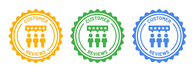 Poster - Customer review icon on round badge. 5 stars positive review icon set.