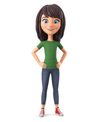 Wall Mural - Cheerful girl character in a green T-shirt on a white background. 3d render illustration.