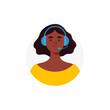 An avatar of african-american woman from a call center. Live chat operators, hotline operator, assistant with headphones. Online technical support 24 7. Vector flat illustration.