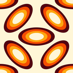 Wall Mural - Seamless pattern in mid-century modern style with ellipses shapes. Retro wallpaper in brown, orange, red colors. Vintage vector design.	