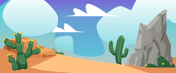 Desert landscape with tropical cactuses, sand and rock - flat vector illustration.