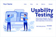 	
Illustration vector Usability testing concept landing page with the young man is testing the interface usability of website and application. Suitable for landing page, editorial, flyer, banner.