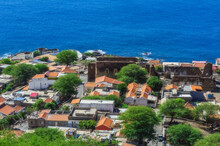 Cape Verde, Sao Vicente, Mindelo, Houses Of Coastal City With Atlantic Ocean In Background