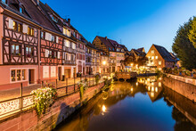 France, Alsace, Colmar, Long Exposure Of Lauch River Canal In Little Venice At Dusk