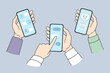 © drawlab19 - Hands of diverse people hold modern smartphones chat talk in messenger online. Friends communicate on internet on cellphone, use social media on gadget. Communication. Vector illustration.
