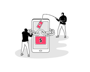 illustration of ransomware symbol with a smartphone and two hackers. easy to use for your website or