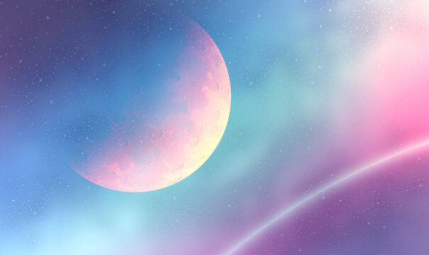 orange crescent moon with planets and cosmic background illustration