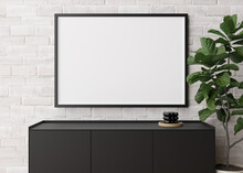 Empty Horizontal Picture Frame On White Brick Wall In Modern Living Room. Mock Up Interior In Minimalist, Contemporary Style. Free Space For Your Picture, Poster. Console, Candle, Plant. 3D Rendering.