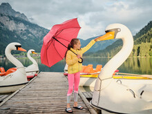 Girl Holding Red Umbrella Touching Swan's Beak On Jetty