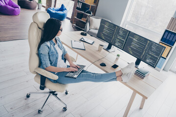Full size photo of skilled lady designer sir desk using equipment device testing java script modify platform in workstation