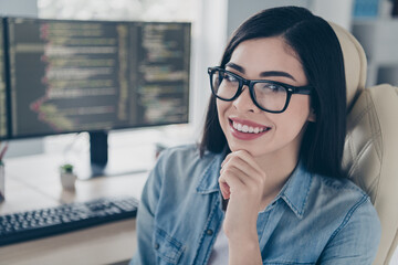 Portrait of attractive cheerful experienced girl tech expert banker agent broker web source editor at workplace workstation indoors