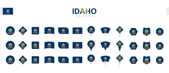 Sticker - Large collection of Idaho flags of various shapes and effects.