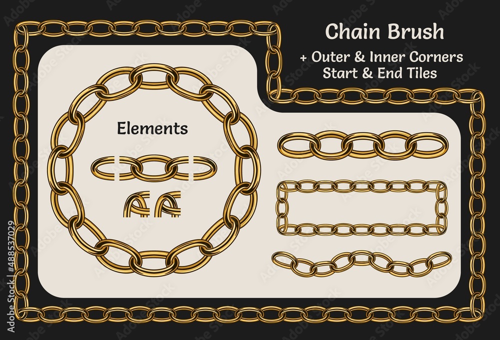 Chain pattern brush in vintage style on white and dark background. Gold ...