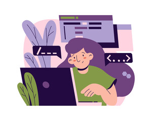 Wall Mural - female character working on software development and improvement. vector woman with laptop, cartoon 