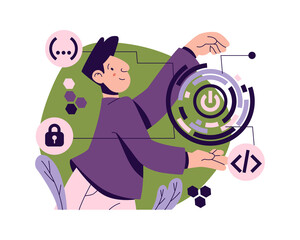 Improvement of button functions during software development, programmer with star power sign. Vector launching application or website in internet. Developer and programming codes, cartoon security