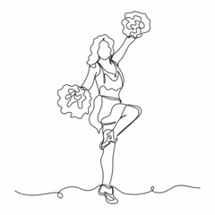 Continuous one simple single abstract line drawing of beautiful cheerleader gimtastic woman portrait icon in silhouette on a white background. Linear stylized.