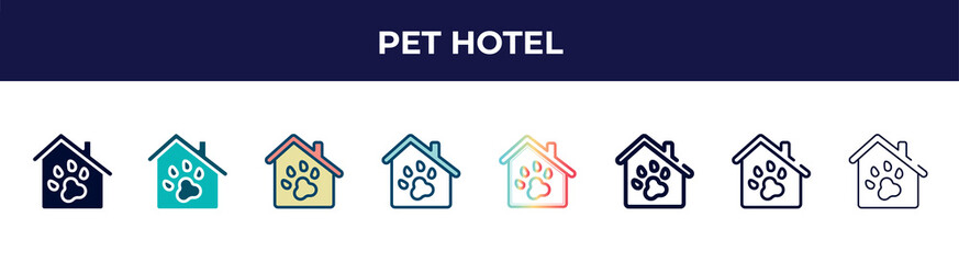 Poster - pet hotel icon in 8 styles. line, filled, glyph, thin outline, colorful, stroke and gradient styles, pet hotel vector sign. symbol, logo illustration. different style icons set.