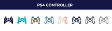 ps4 controller icon in 8 styles. line, filled, glyph, thin outline, colorful, stroke and gradient styles, ps4 controller vector sign. symbol, logo illustration. different style icons set.