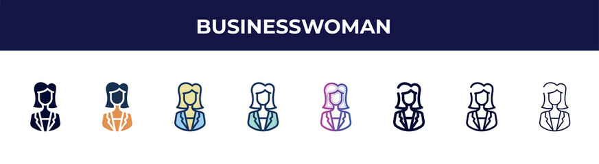 Canvas Print - businesswoman icon in 8 styles. line, filled, glyph, thin outline, colorful, stroke and gradient styles, businesswoman vector sign. symbol, logo illustration. different style icons set.